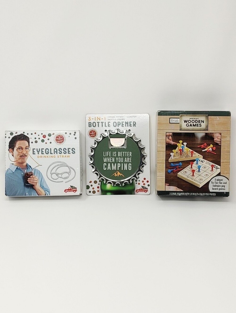 3pc Novelty Gag Gift Set Funny Drinking Straw Glasses Wooden Games Bottle Opener